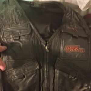 Harley-Davidson Black Leather Bomber Jacket with Orange Logo
